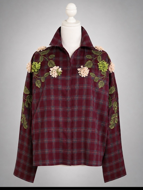 Beulah Style Tops - Beulah Floral Appliqué Plaid Shirt Oversized Western Cottagecore Top